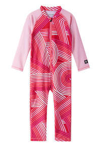 Children's long-sleeve UV swimsuit with red and pink swirl pattern, front zip, full-length legs