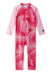 Children's long-sleeve UV swimsuit with red and pink swirl pattern, front zip, full-length legs