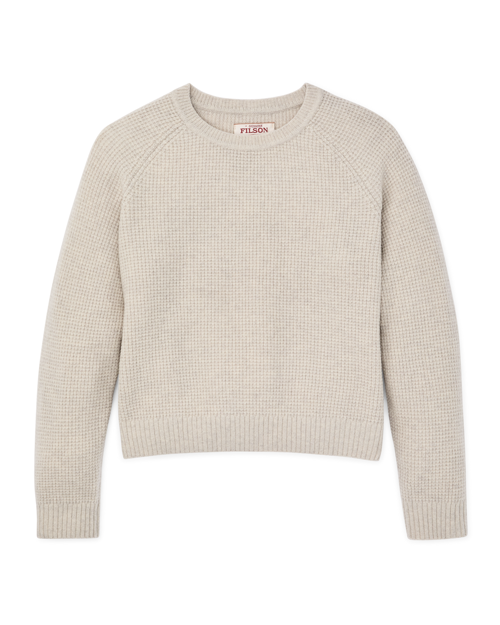 Women's waffle knit crewneck sweater in off-white, flat lay view showing raglan sleeves