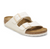 Two-strap slide sandal with adjustable buckles and cork footbed on white background