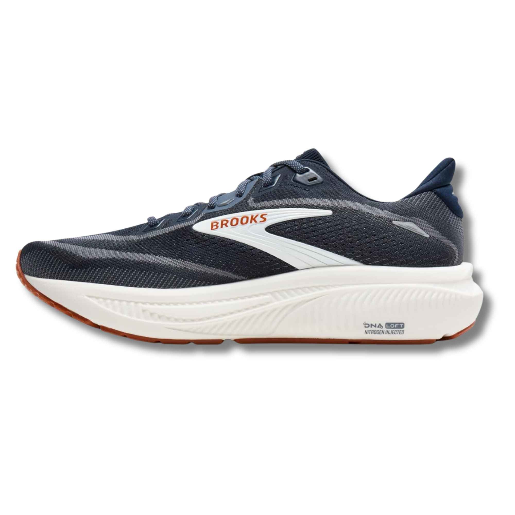 Navy blue running shoe with gray mesh upper and white midsole, side profile view