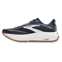 Navy blue running shoe with gray mesh upper and white midsole, side profile view