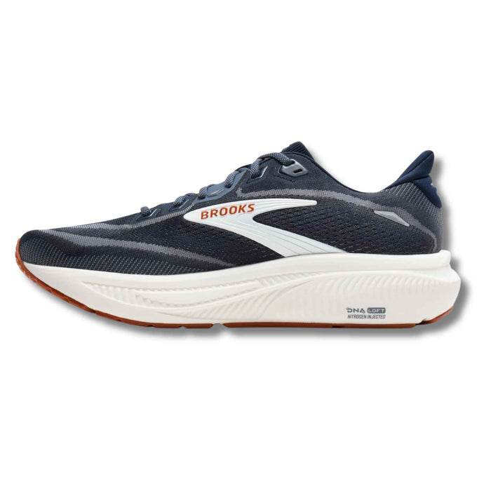 Navy blue running shoe with gray mesh upper and white midsole, side profile view