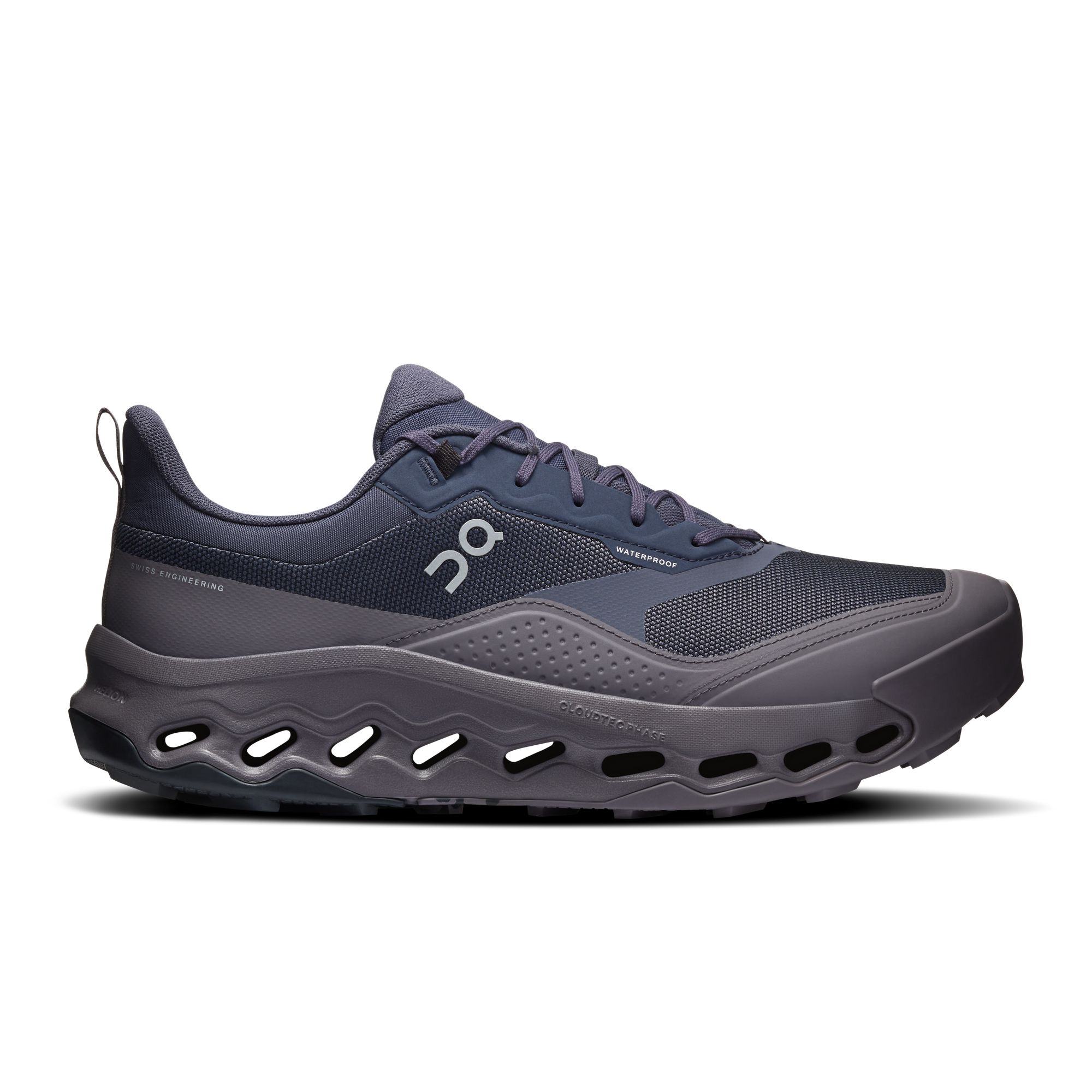 Men's waterproof trail running shoe with wave-cut midsole, lateral side view on white background