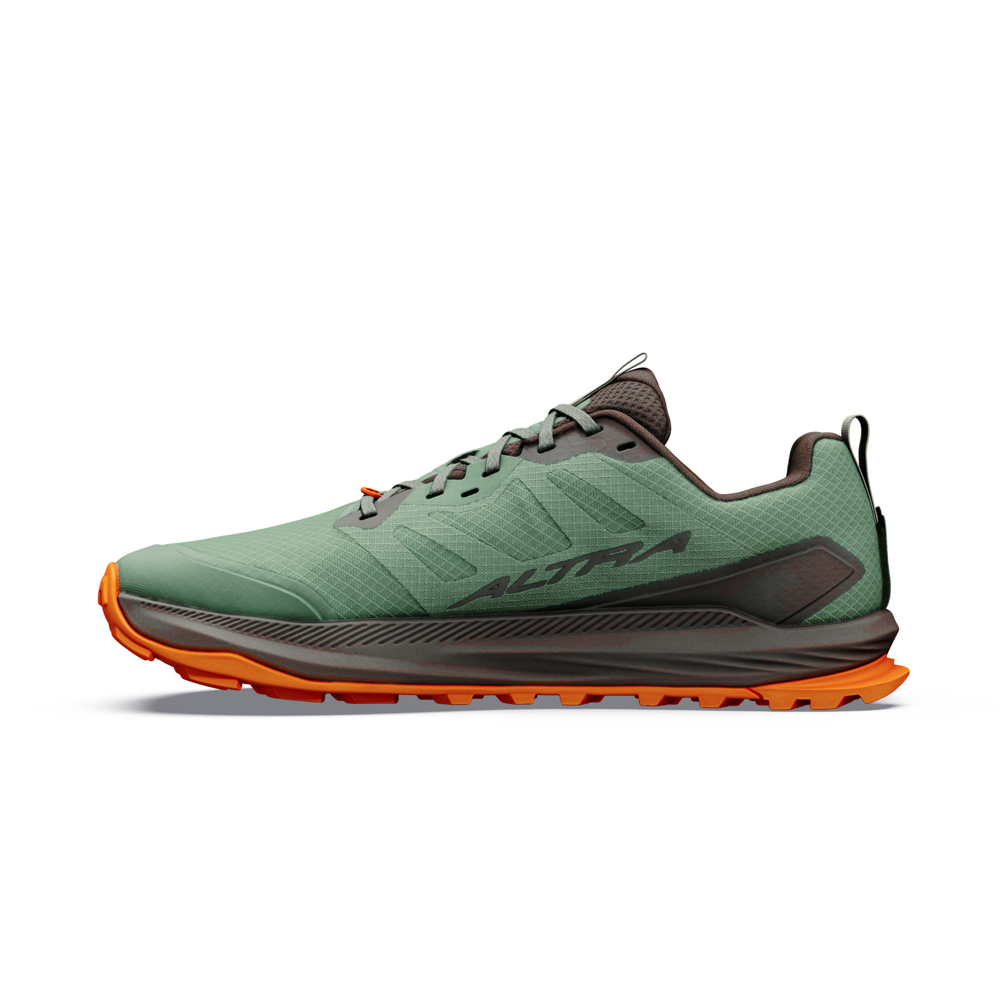 Trail running shoe in green with orange lugged outsole, lateral side view