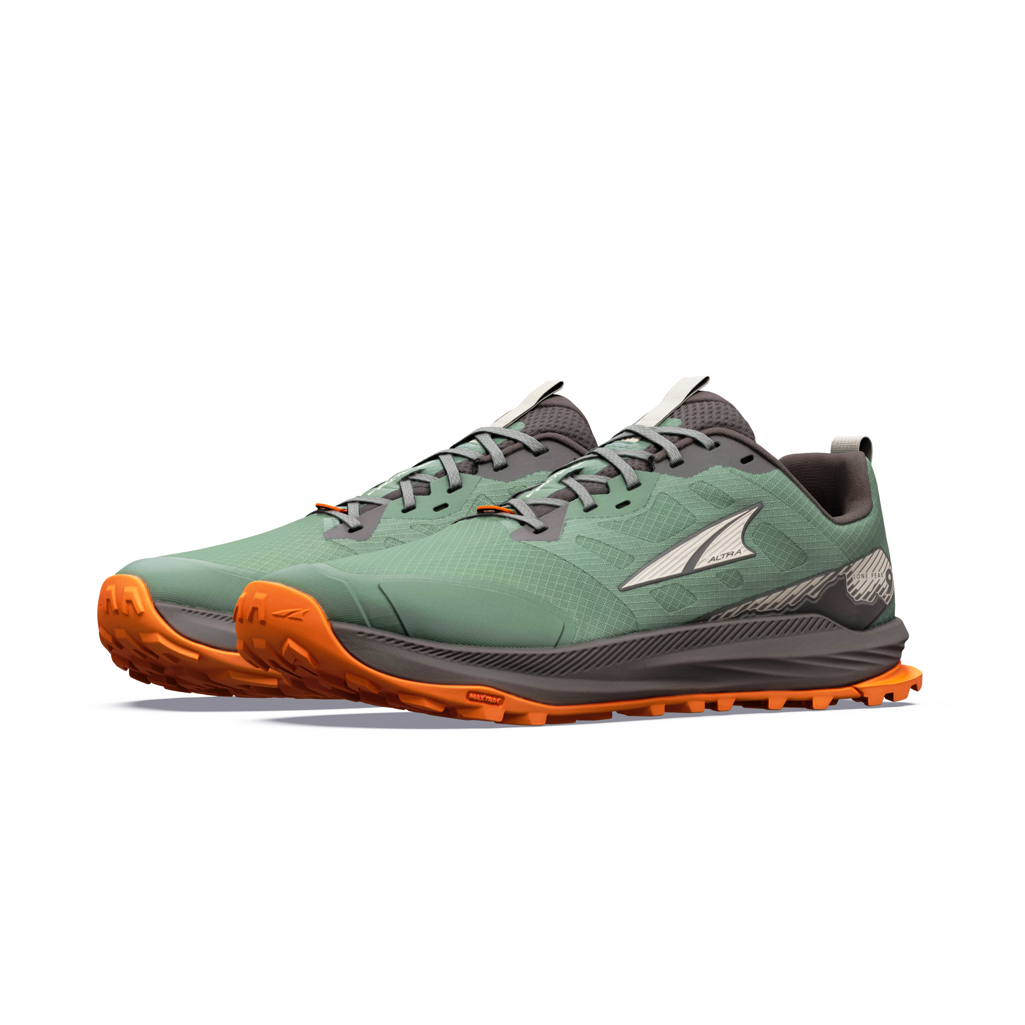 Trail running shoes with green mesh upper, orange lugged outsole, and gray laces, angled pair view