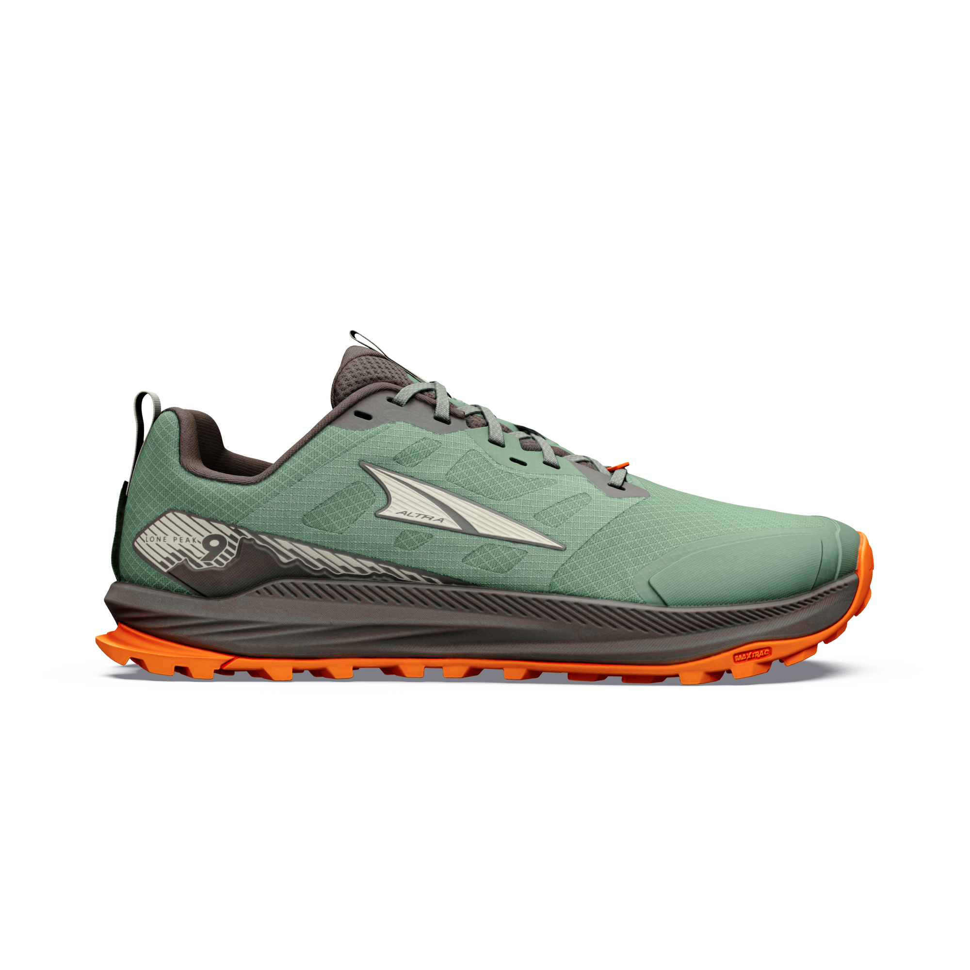 Men's trail running shoe with green mesh upper, orange lugged outsole, and gray midsole, lateral view