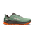 Men's trail running shoe with green mesh upper, orange lugged outsole, and gray midsole, lateral view