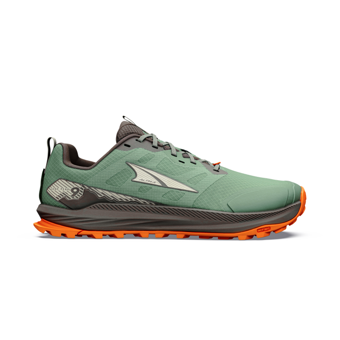 Men's trail running shoe with green mesh upper, orange lugged outsole, and gray midsole, lateral view