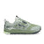 Light green and gray trail running shoe with aggressive outsole lugs, side profile view