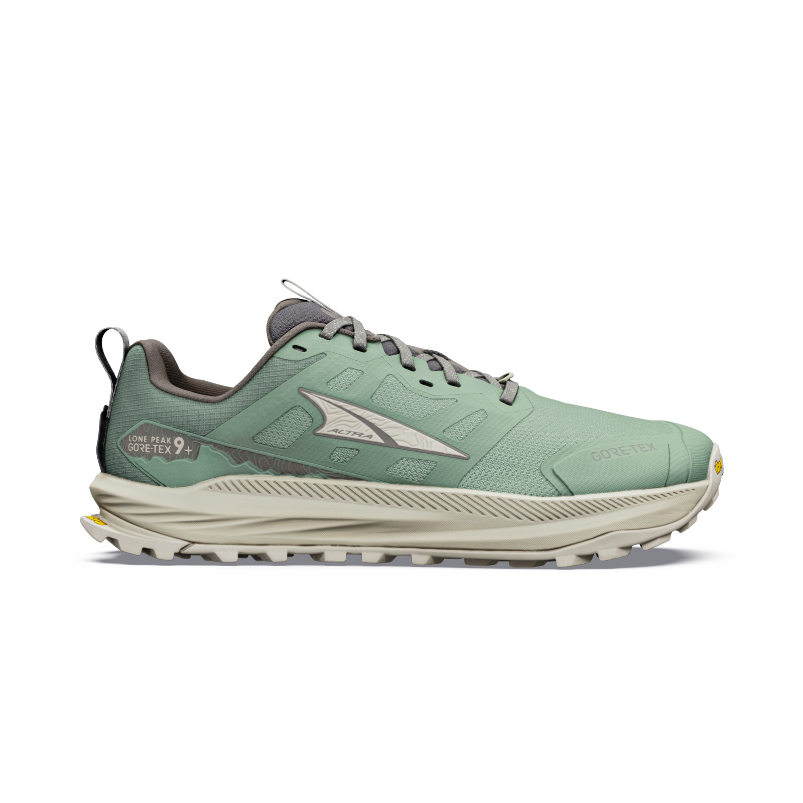 Trail running shoe with mint green upper, beige midsole, aggressive lug outsole, lateral view