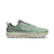 Trail running shoe with mint green upper, beige midsole, aggressive lug outsole, lateral view