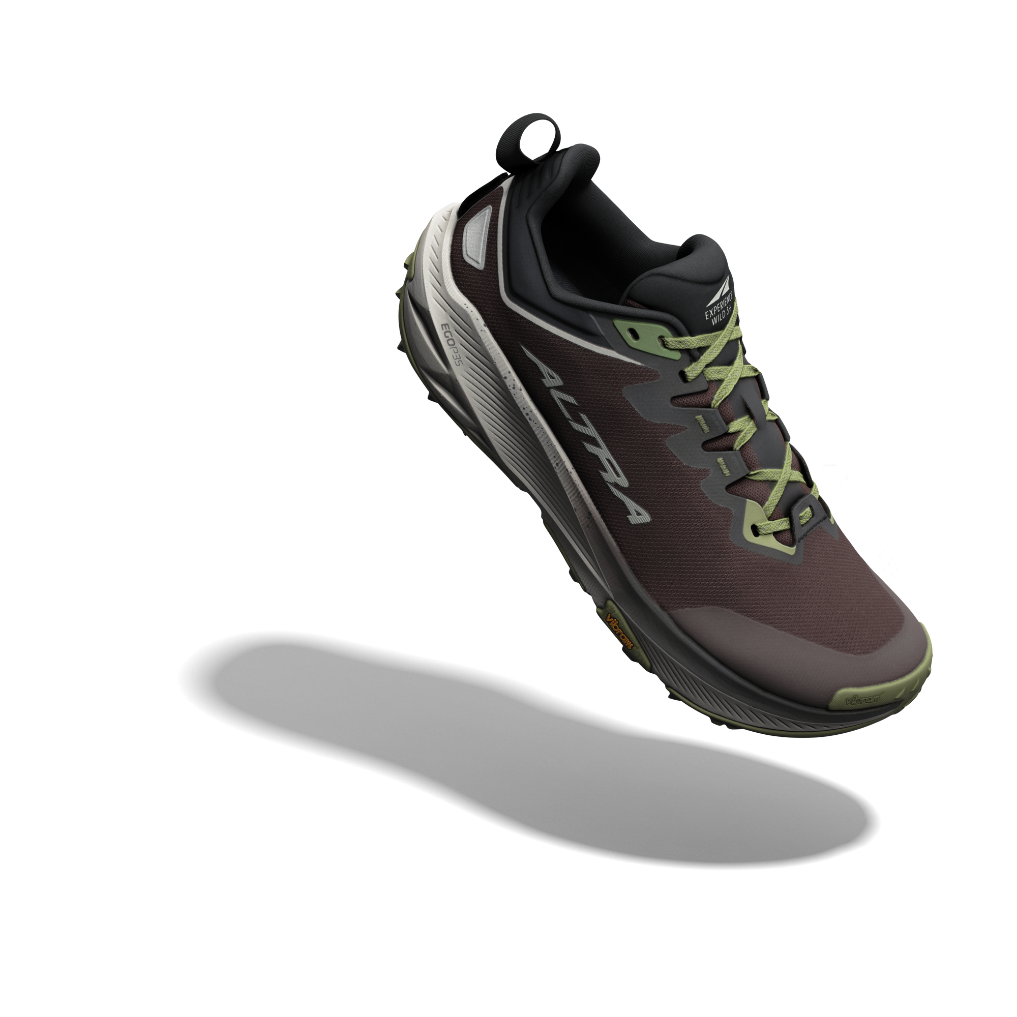 Trail running shoe with taupe upper, gray midsole, olive green laces, and pull tab, angled side view