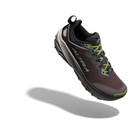 Trail running shoe with taupe upper, gray midsole, olive green laces, and pull tab, angled side view