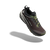 Trail running shoe with taupe upper, gray midsole, olive green laces, and pull tab, angled side view