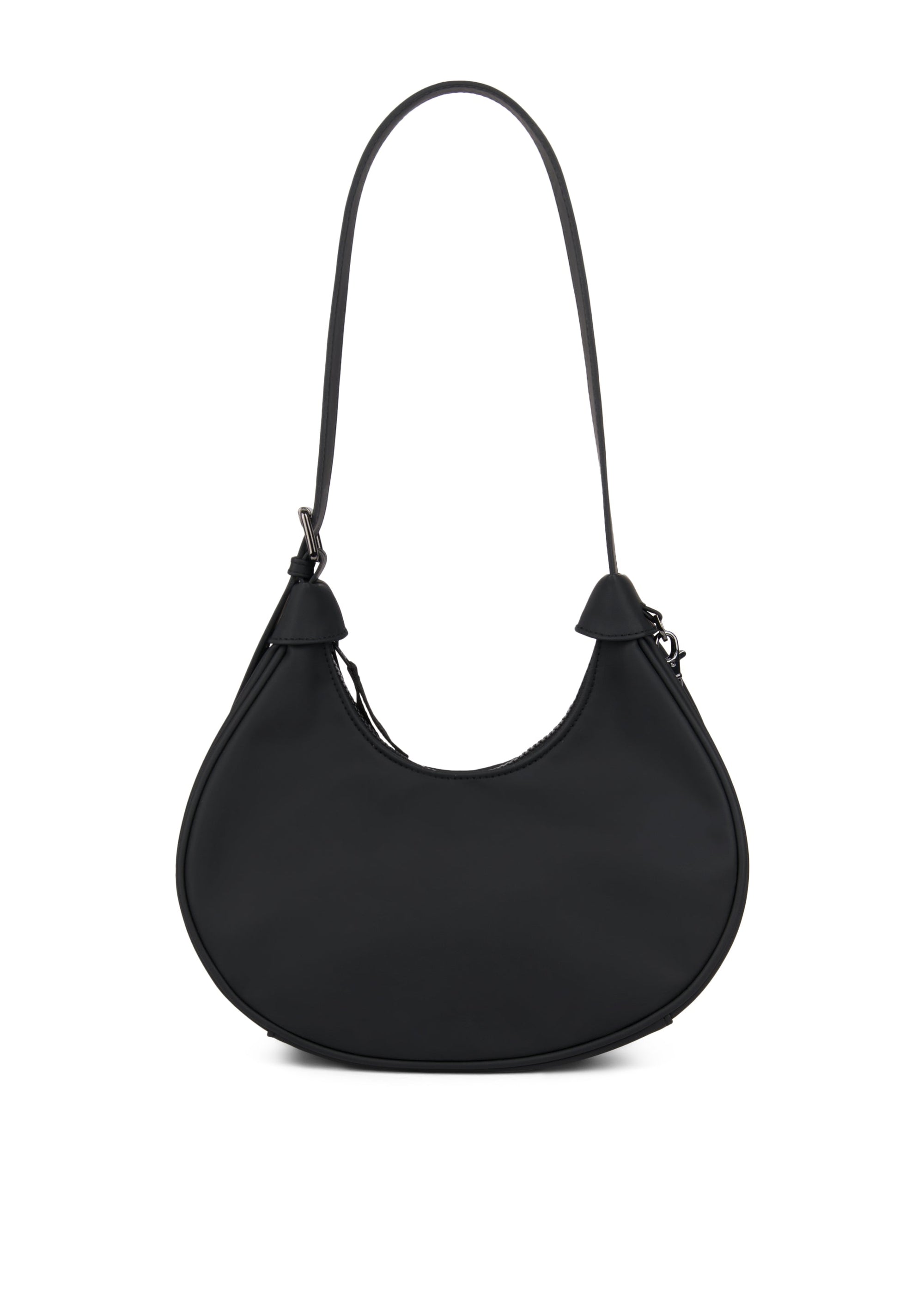 Black mini hobo bag with curved crescent shape and single shoulder strap