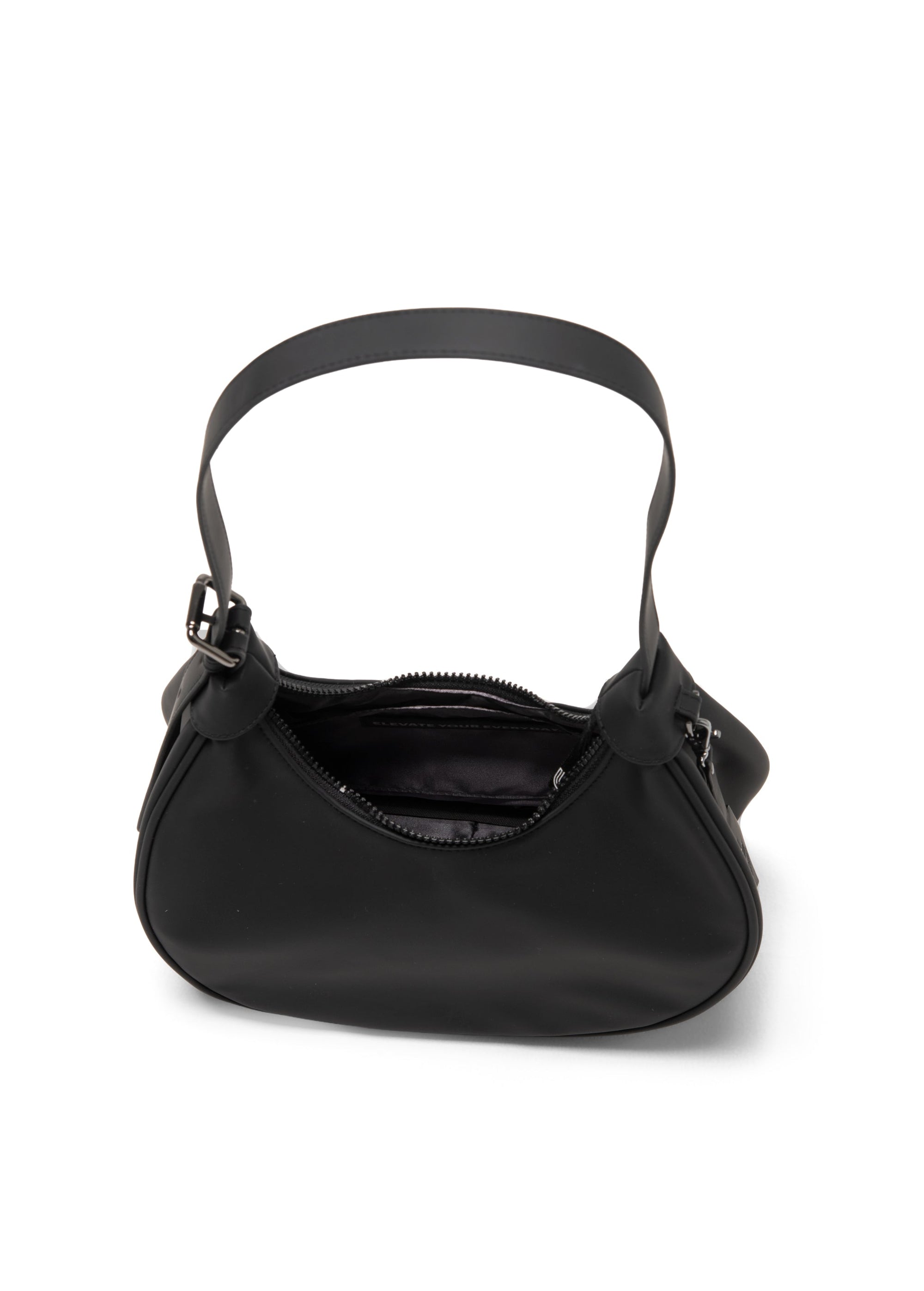 Black mini hobo bag with single handle and zip closure, front view on white background