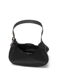 Black mini hobo bag with single handle and zip closure, front view on white background