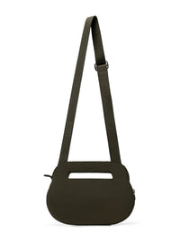 Dark olive crossbody bag with long adjustable strap, oval shape, and cutout handle