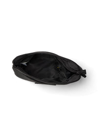 Black crossbody bag shown open from above, revealing interior compartment and zipper