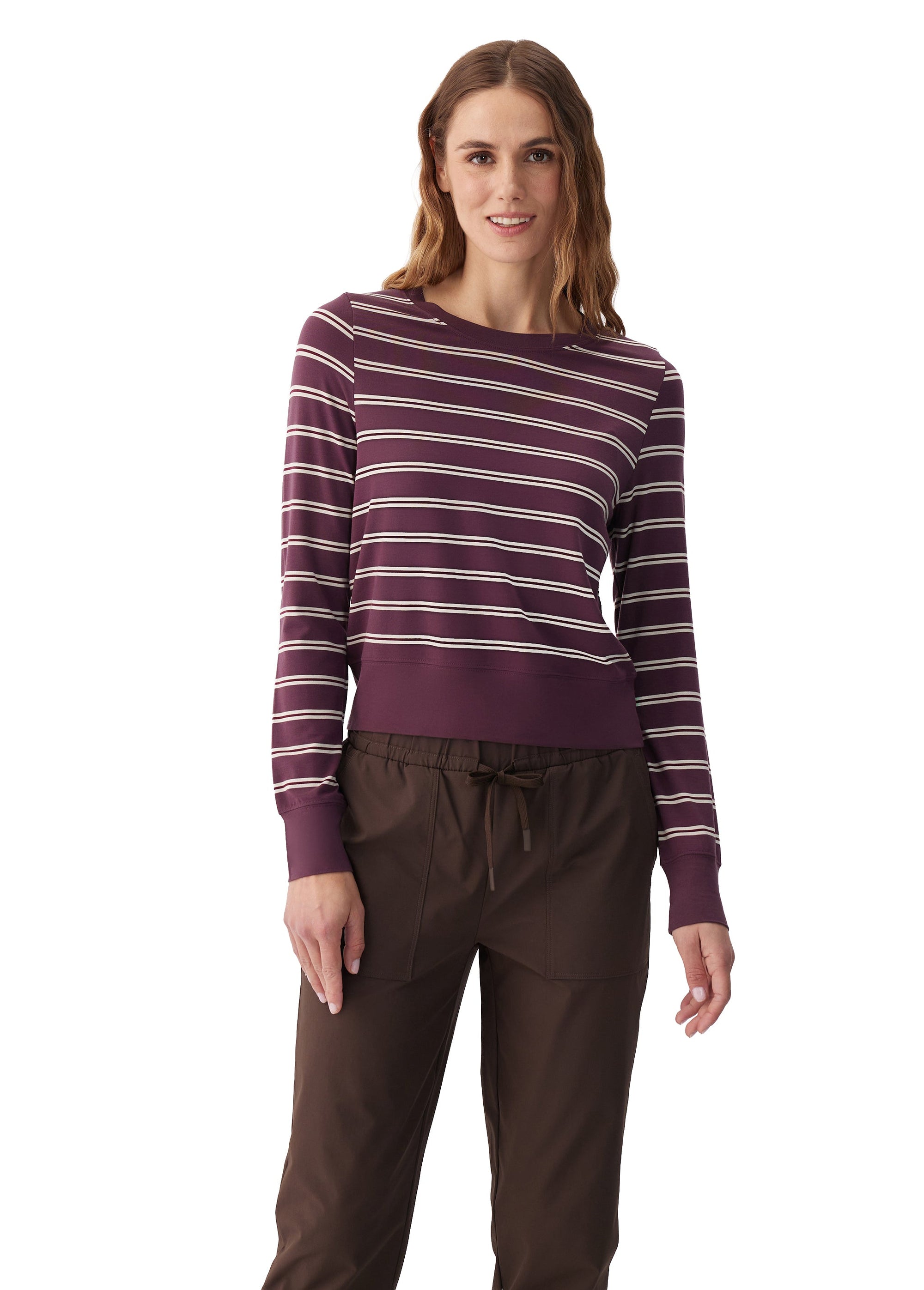 Women's striped long sleeve pullover in purple with cream stripes, front view on model