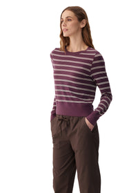 Women's long sleeve striped pullover top in purple with white stripes, front three-quarter view