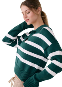 Green and white striped polo sweater with collar, three-quarter view on model