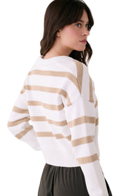 White striped knit sweater with beige horizontal stripes, shown from back three-quarter view