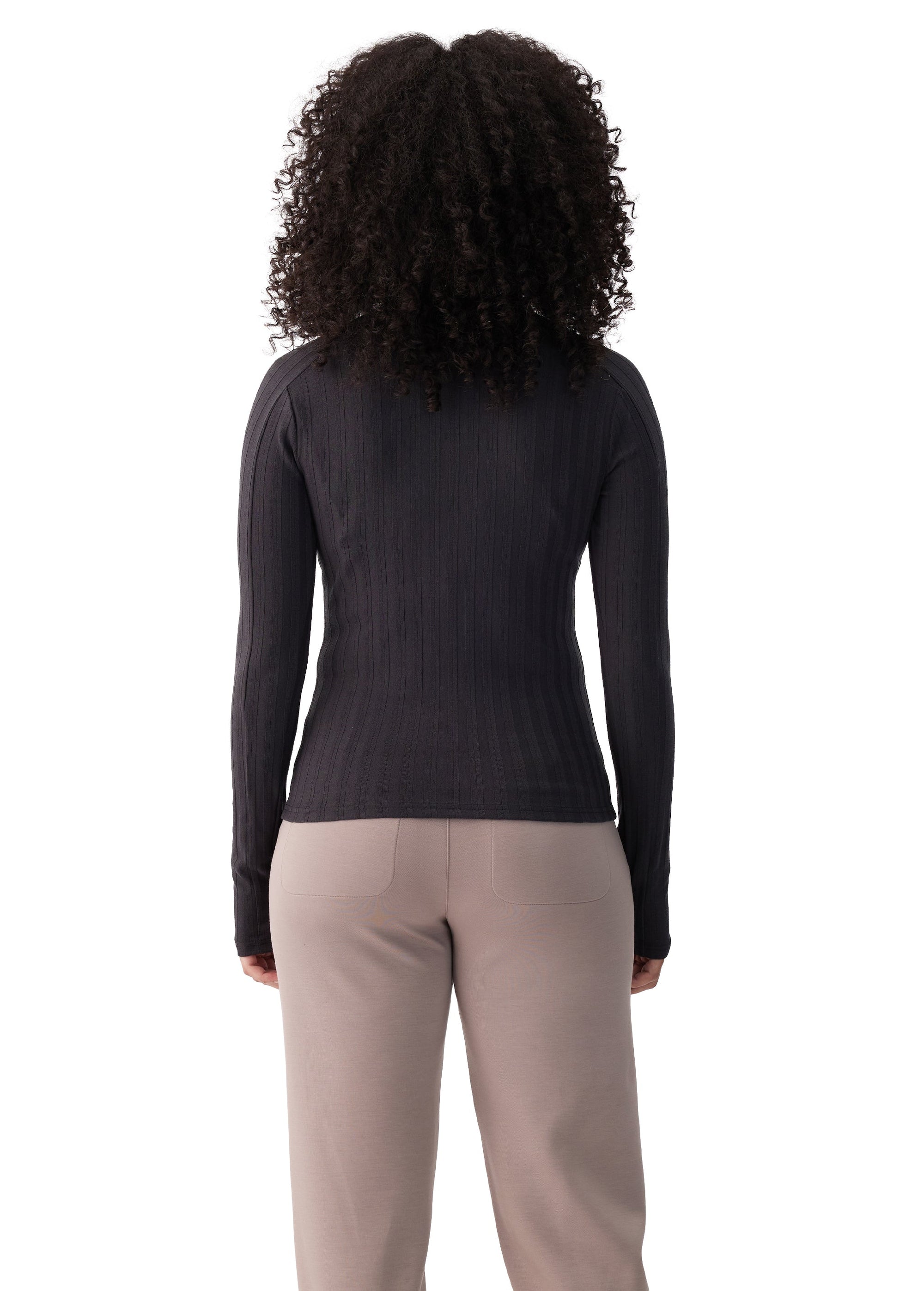 Women's ribbed long-sleeve turtleneck top in black, back view, with thumbhole cuffs