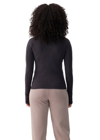 Women's ribbed long-sleeve turtleneck top in black, back view, with thumbhole cuffs