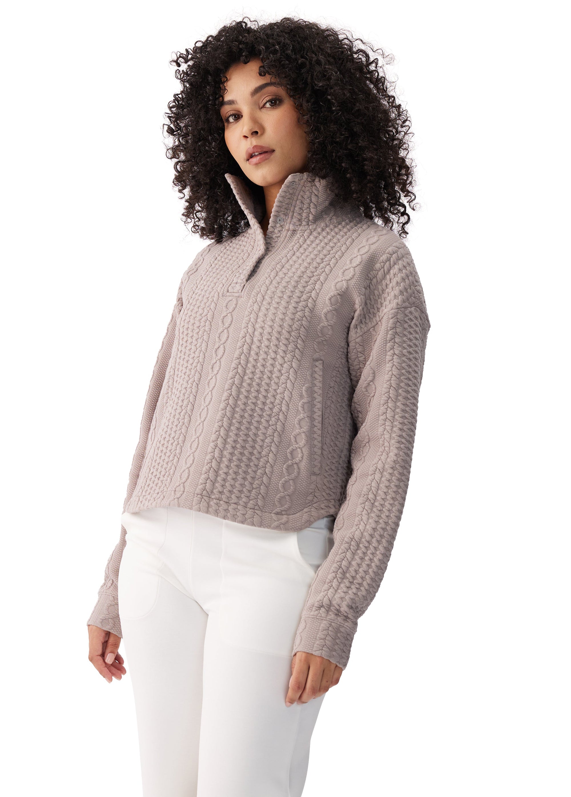 Women's cable-knit quarter-zip pullover top with textured pattern, long sleeves, front view