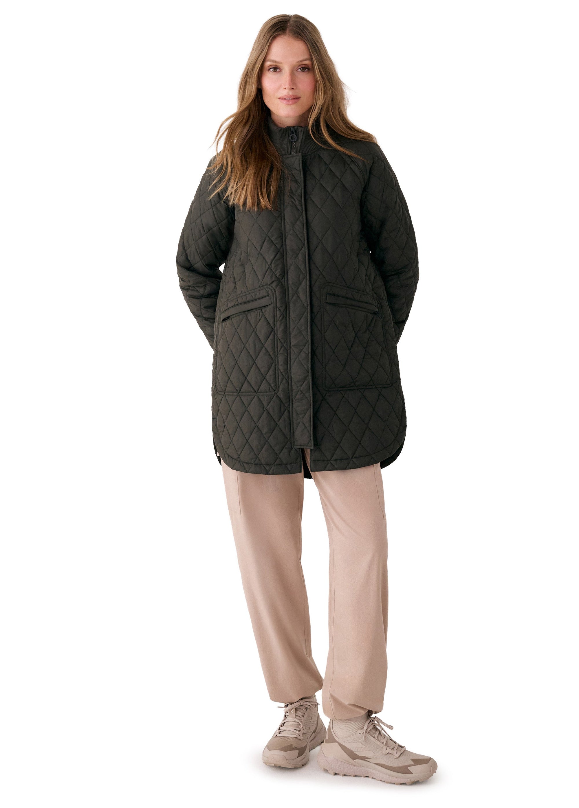 Women's quilted diamond-pattern 3/4 length bomber jacket in dark olive, front view on model