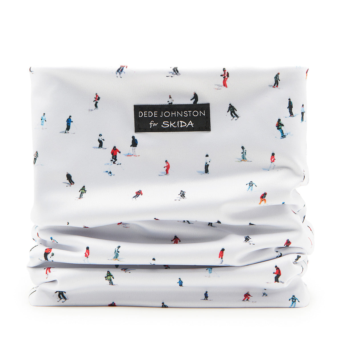 Folded neck warmer tube scarf with white fabric printed with tiny colorful skier figures