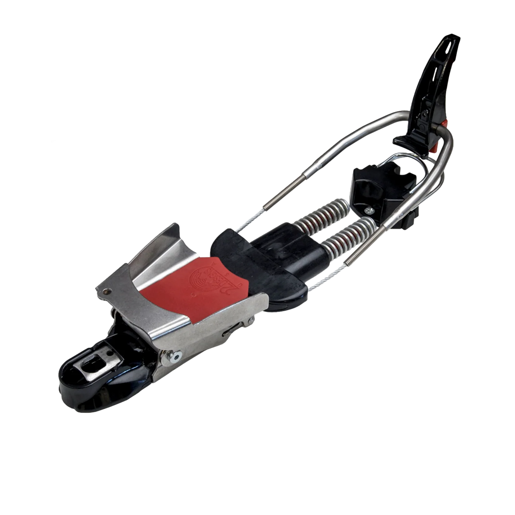 Telemark ski binding with chrome spring bail, black toe piece, and red accent plate, side angle view