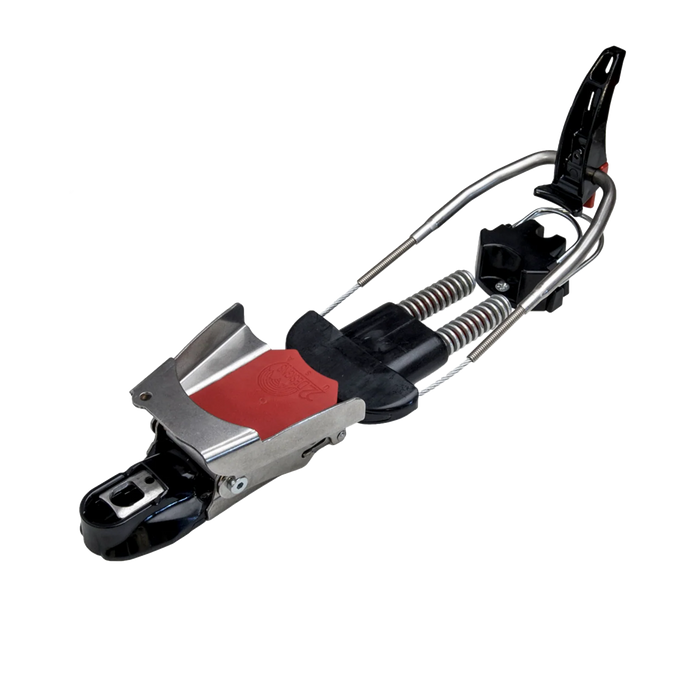 Telemark ski binding with chrome spring bail, black toe piece, and red accent plate, side angle view