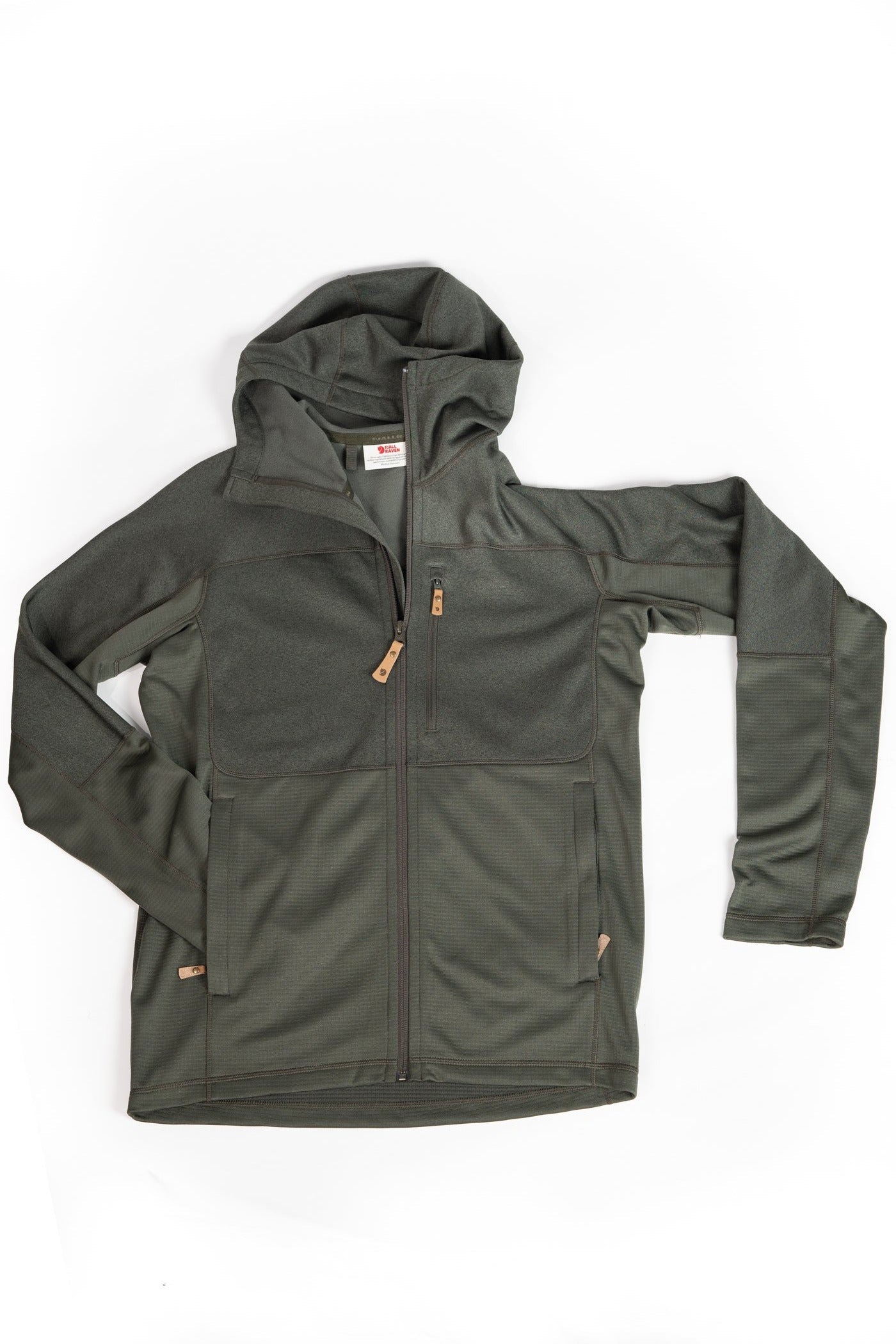 Olive green fleece hoodie with full zip, chest pocket, and hood, front view