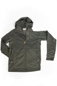 Olive green fleece hoodie with full zip, chest pocket, and hood, front view