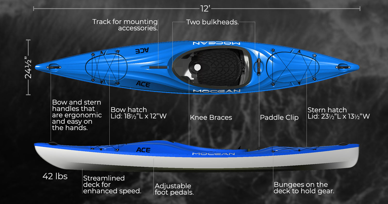Blue kayak shown from top and side view with labeled features and dimensions