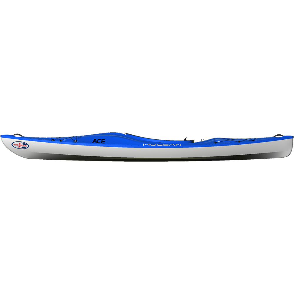 Blue and gray kayak shown in profile view with paddle attachments and deck rigging