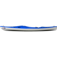 Blue and gray kayak shown in profile view with paddle attachments and deck rigging