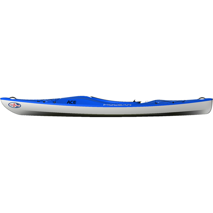 Blue and gray kayak shown in profile view with paddle attachments and deck rigging