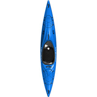 Blue kayak with black seat and bungee deck rigging, overhead view