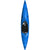 Blue kayak with black seat and bungee deck rigging, overhead view