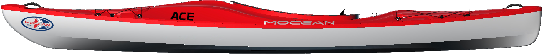 Red and white kayak shown from side profile with deck rigging and handles