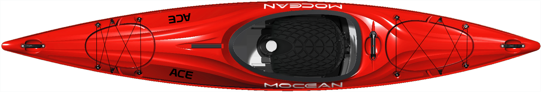 Red sea kayak shown from above with black cockpit and deck rigging