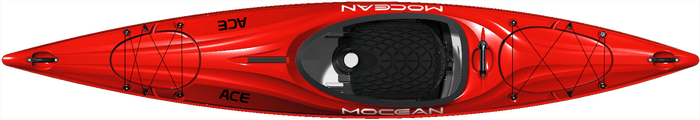 Red sea kayak shown from above with black cockpit and deck rigging