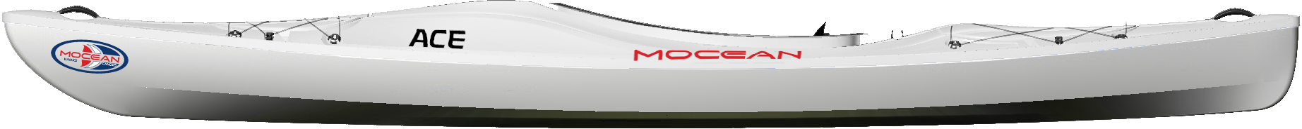 White inflatable kayak shown in side profile view with black handles and rigging