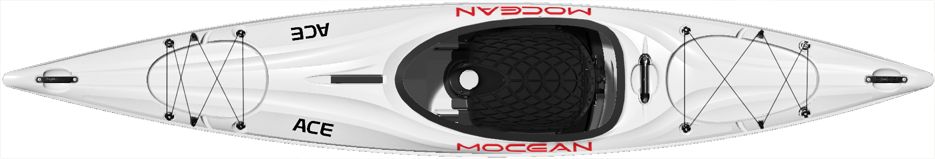Sea kayak top view showing oval cockpit, deck rigging, and storage hatches