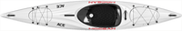 Sea kayak top view showing oval cockpit, deck rigging, and storage hatches