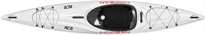 Sea kayak top view showing oval cockpit, deck rigging, and storage hatches